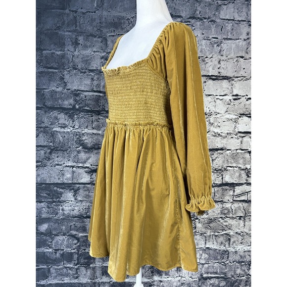 Free People Dress Womens Large Mustard Velvet Smocked Puff Sleeve Lace Up Back - Picture 2 of 15